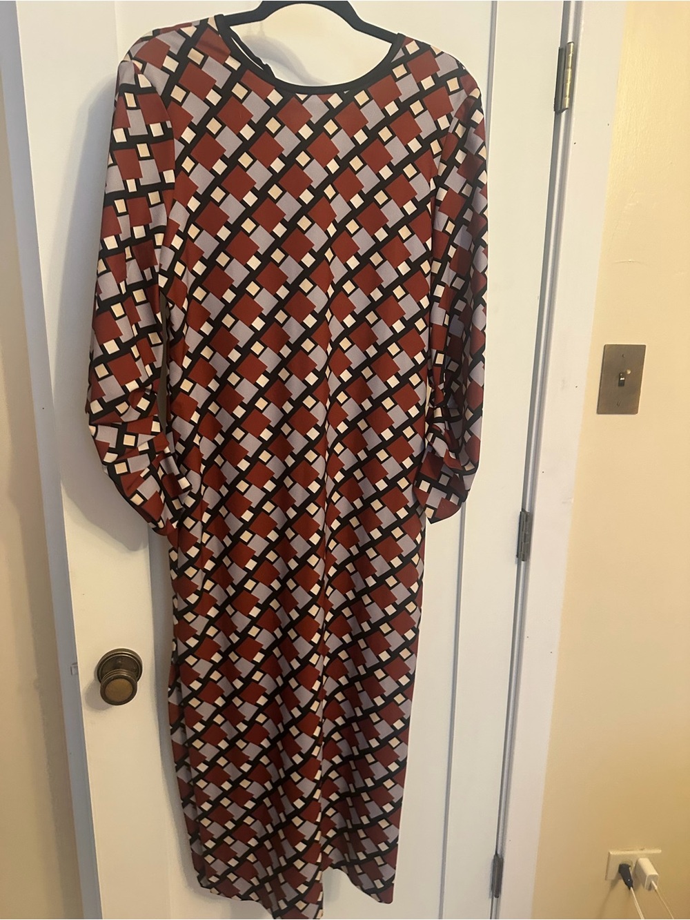 Zara Long Sleeve Geometric Midi Dress in Rust, Cream and Black